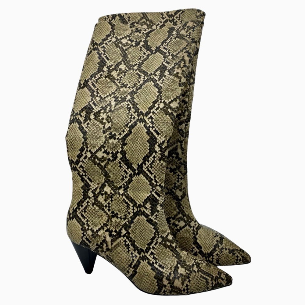 💗Violeta by MNG 16” Tall Slip On Snakeskin Print Point Toe 2.5” Cone Hee…